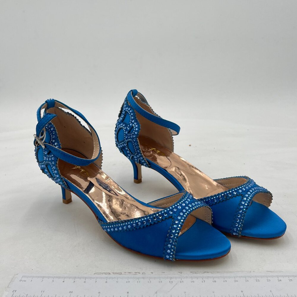 XYD Blue Chic Peep Toe D'Orsay Kitten Heel Rhinestone Studs Ankle Strap Sandals - Picture 4 of 8